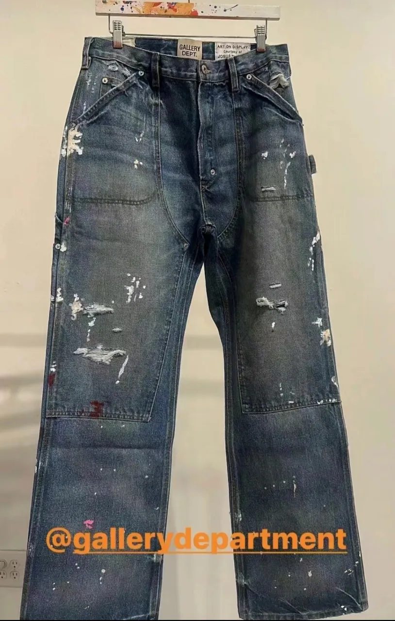 651#Gallery Dept New Retro Old Splashed Paint Holes Dirty Feng Shui Washed Mud Dyeing Logging Workwear Jeans American High Street Casual Workwear Trousers Washed Blue S～XL p290